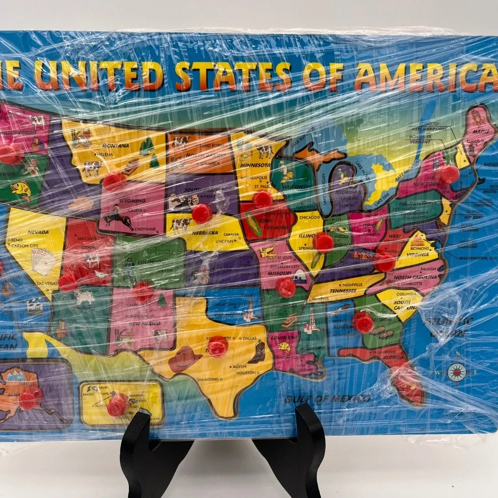 Wooden USA Map Peg Puzzle Educational United States Geography Toy for Kids